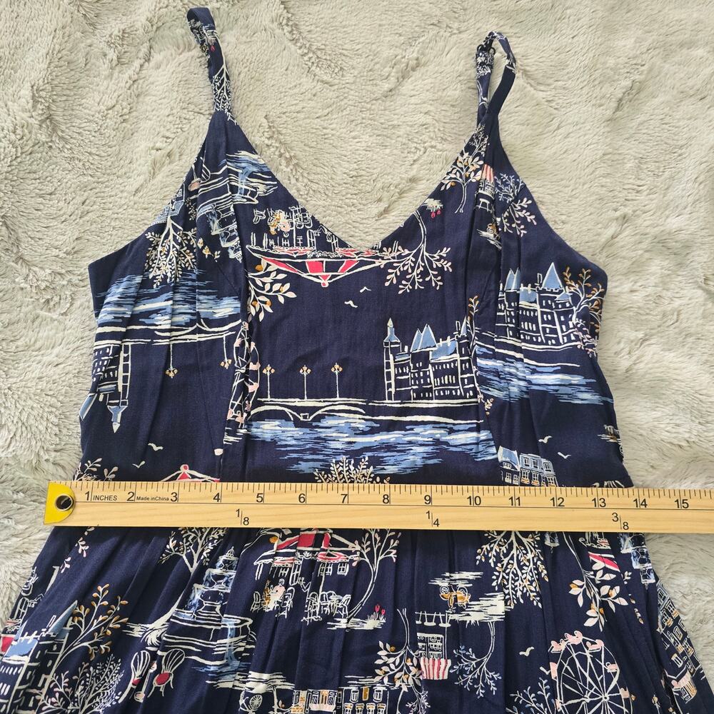 Old Navy Blue Scenic Print Midi Dress Sz S Strapy sleeves Tropical Resortwear - Picture 6 of 8